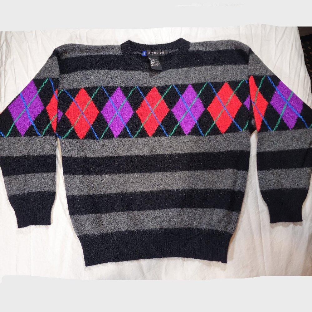 IB Diffusion Argyle & Striped Lambs Wool and Angora Vintage Sweater Large/ XL